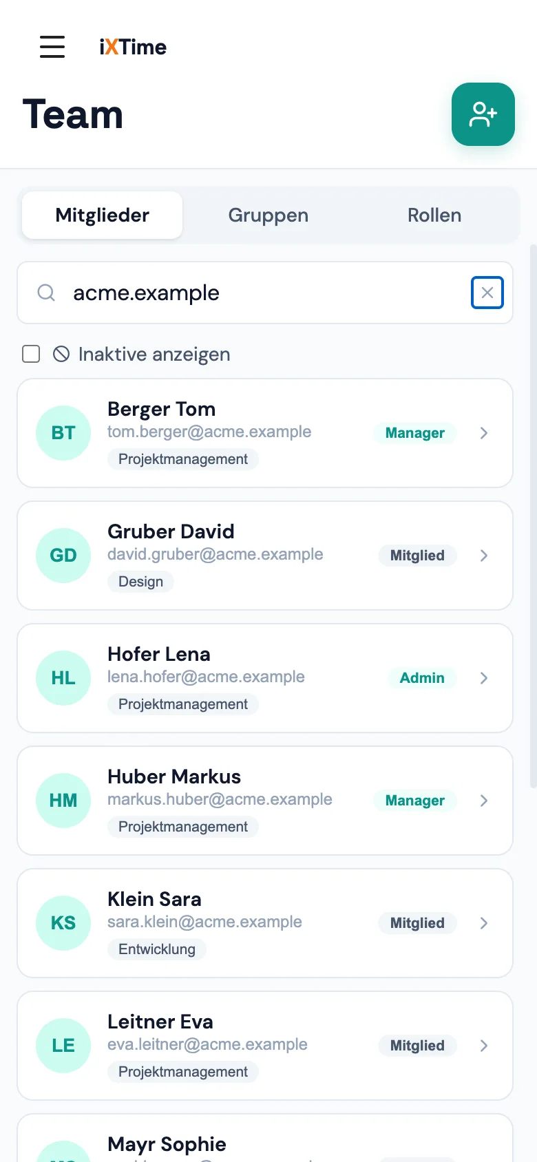 iXTime am Handy — Teamliste mit Rollen und Gruppen