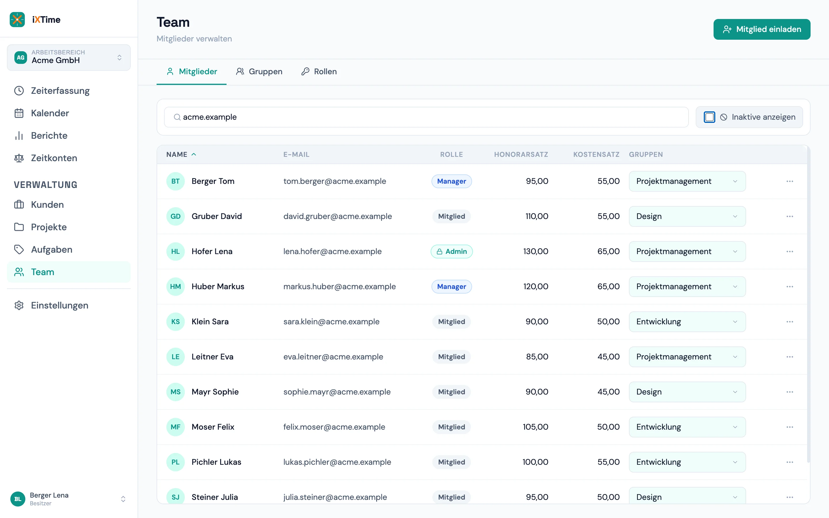 iXTime Team — Mitglieder mit Rolle und Gruppe