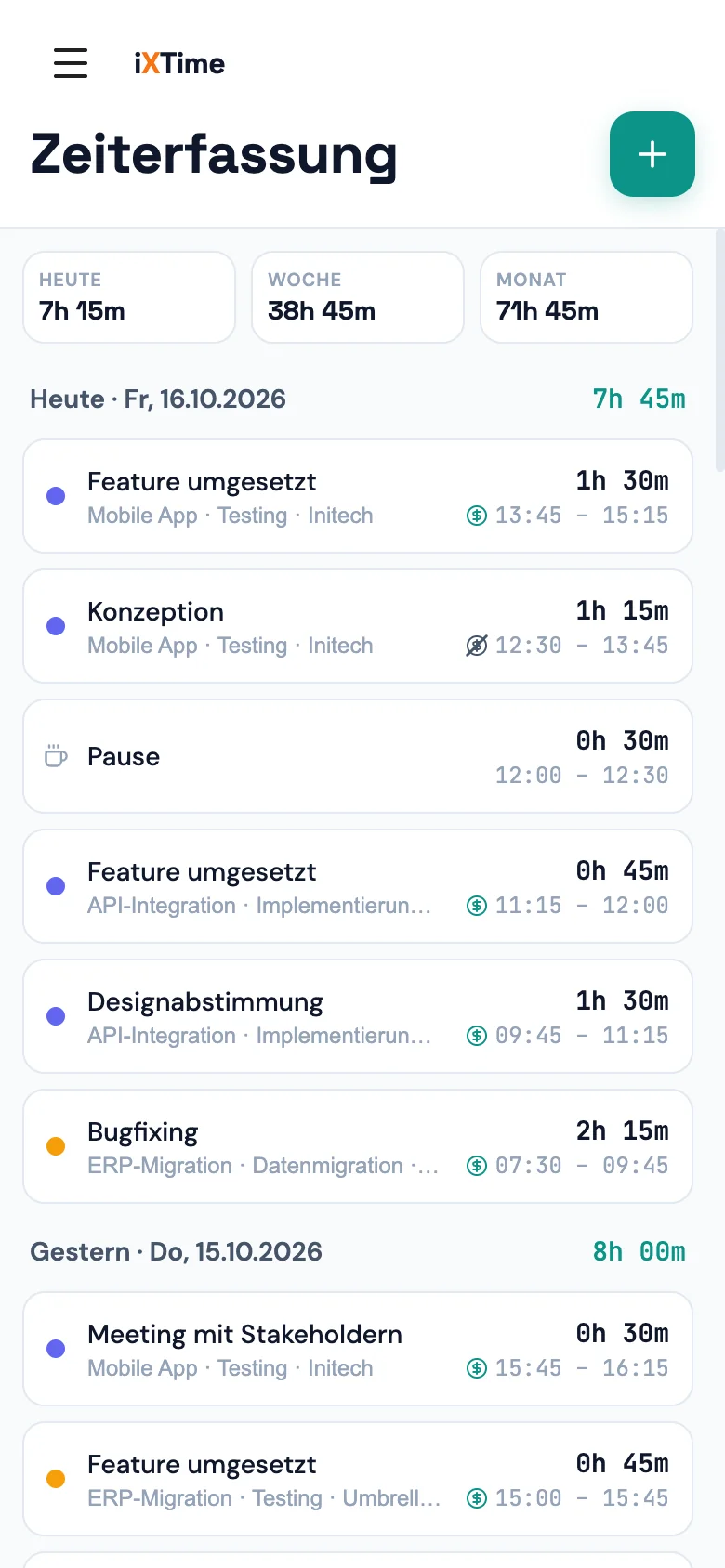 iXTime am Handy — Zeiterfassung mit Tages-, Wochen- und Monatssumme und den Einträgen des Tages