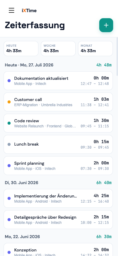 Time Tracker mit Pause-Button am Timer und Pausen-Eintrag in der Liste (Mobil)