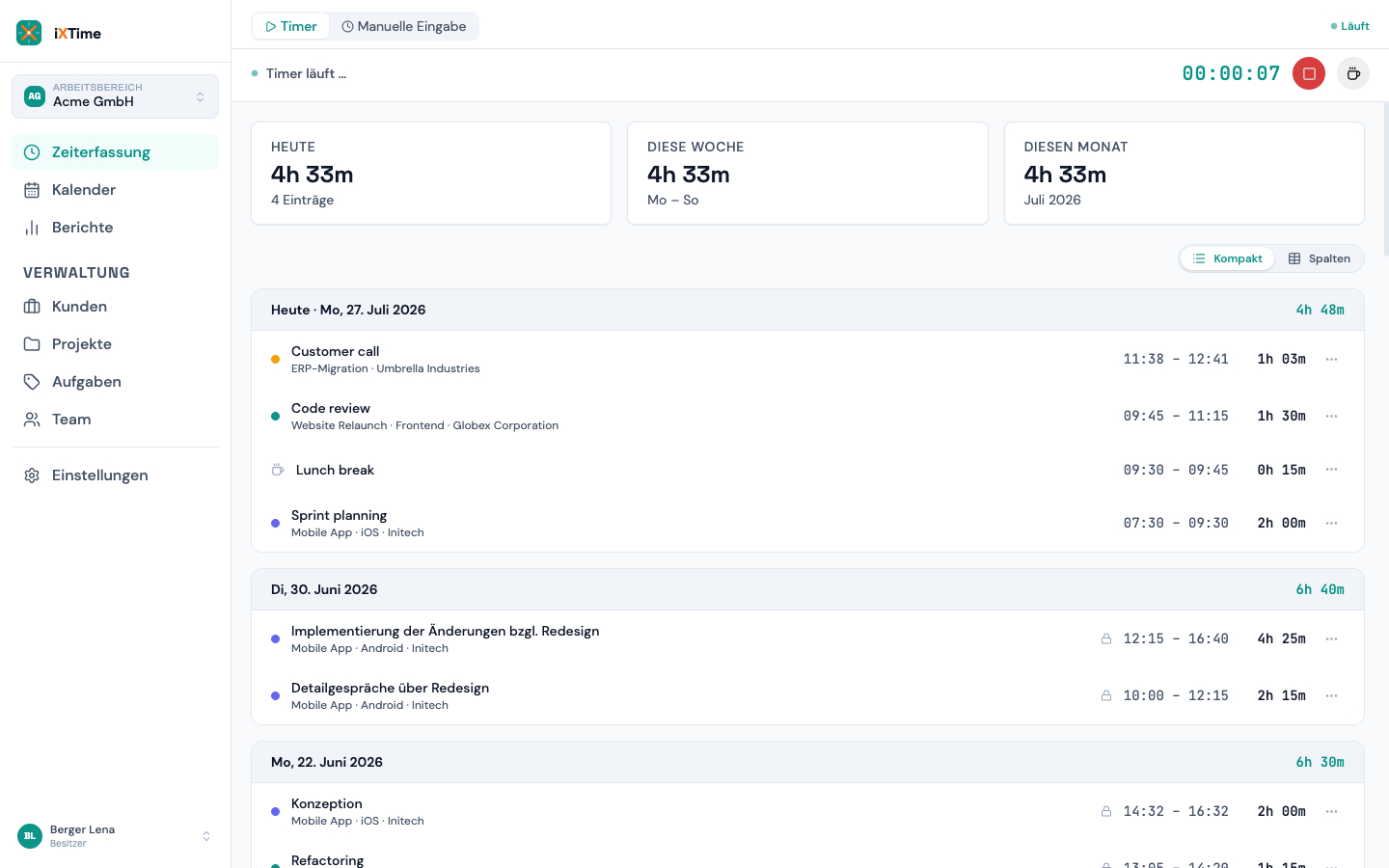 Time Tracker mit Pause-Button am Timer und Pausen-Eintrag in der Liste