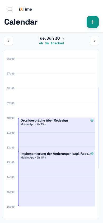 Kalender-Wochenansicht mit Zeiteinträgen als Blöcke (Mobil)