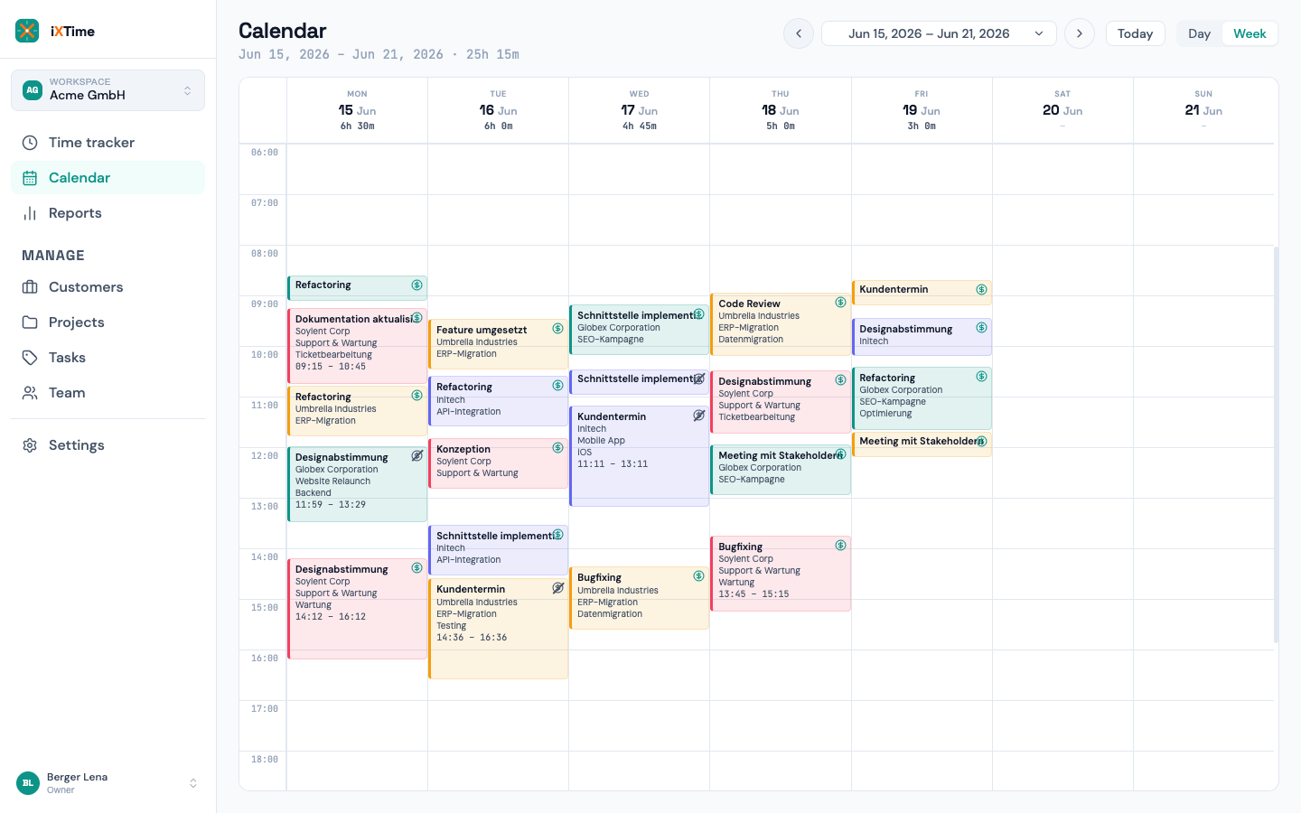 Kalender-Wochenansicht mit Zeiteinträgen als Blöcke