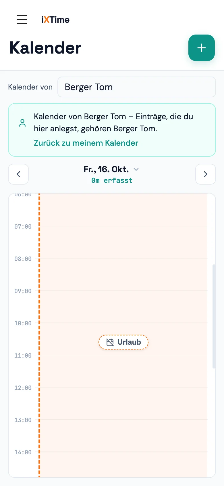 Kalender mit Abwesenheiten: ganztägige Urlaubstage als gestrichelt umrandete Bänder und eine stundenweise Abwesenheit als Block innerhalb des Tages (Mobil)
