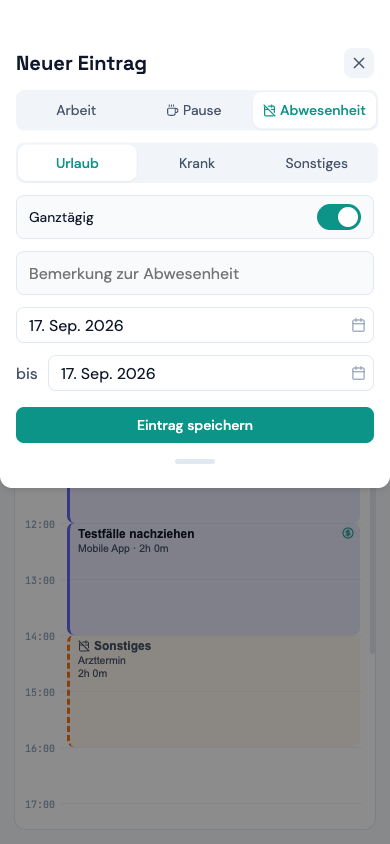 Eintragsformular mit dem Umschalter auf „Abwesenheit“, Grundauswahl und der Wahl zwischen ganztägig und Stunden (Mobil)