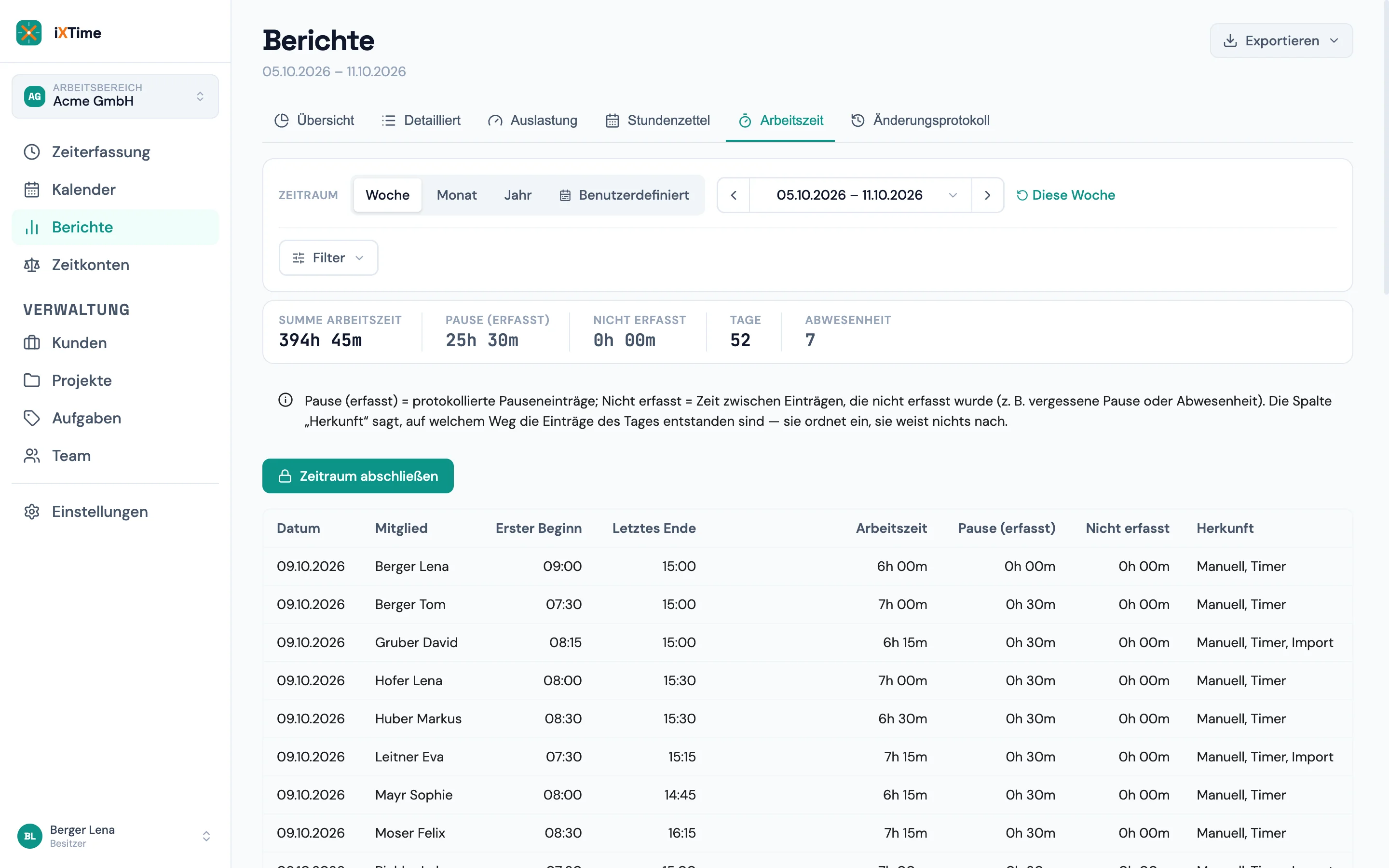 Arbeitszeit-Bericht mit einem als „Urlaub“ beschrifteten Tag neben regulären Arbeitstagen