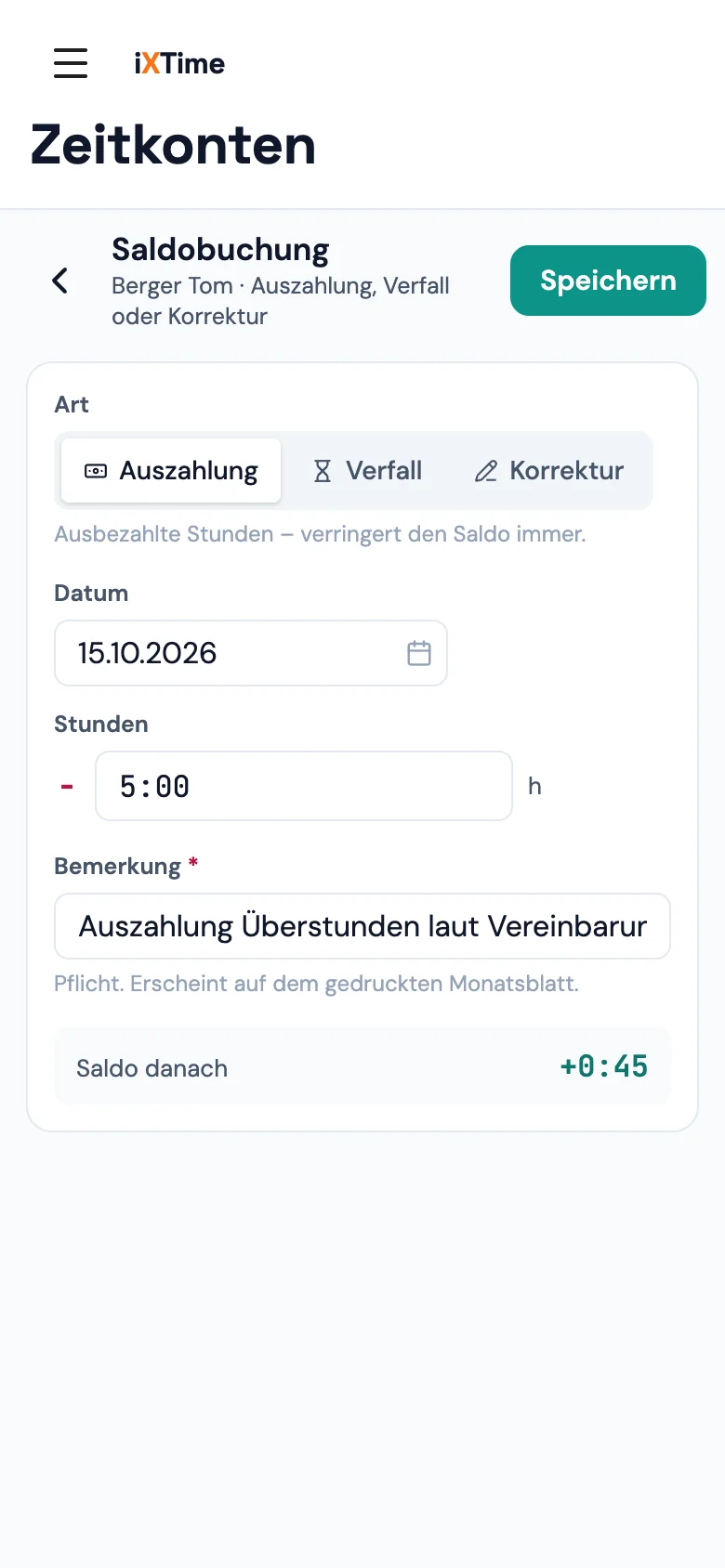 Dialog „Saldobuchung“: Art Auszahlung, Stunden, Datum, Bemerkung und „Saldo danach“ (Mobil)