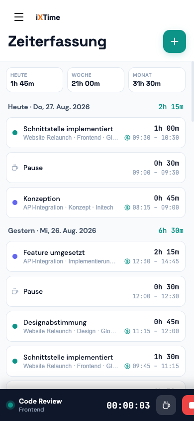 Time Tracker mit Pause-Button neben dem laufenden Timer und Pausen-Einträgen in der Liste (Mobil)