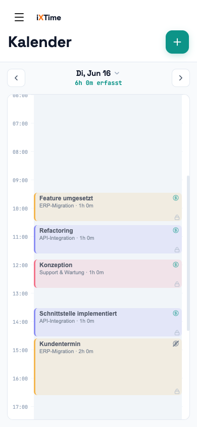 Kalender-Wochenansicht mit Zeiteinträgen als Blöcke (Mobil)