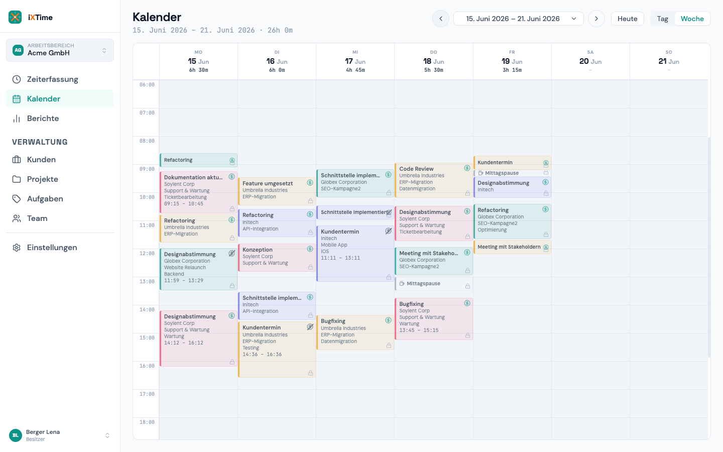 Kalender-Wochenansicht mit Zeiteinträgen als Blöcke