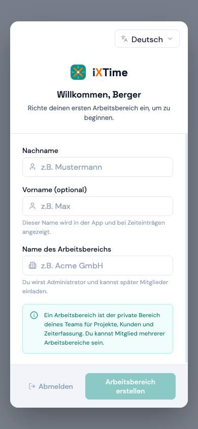 Maske „Neuen Arbeitsbereich erstellen“ mit Namensfeld (Mobil)