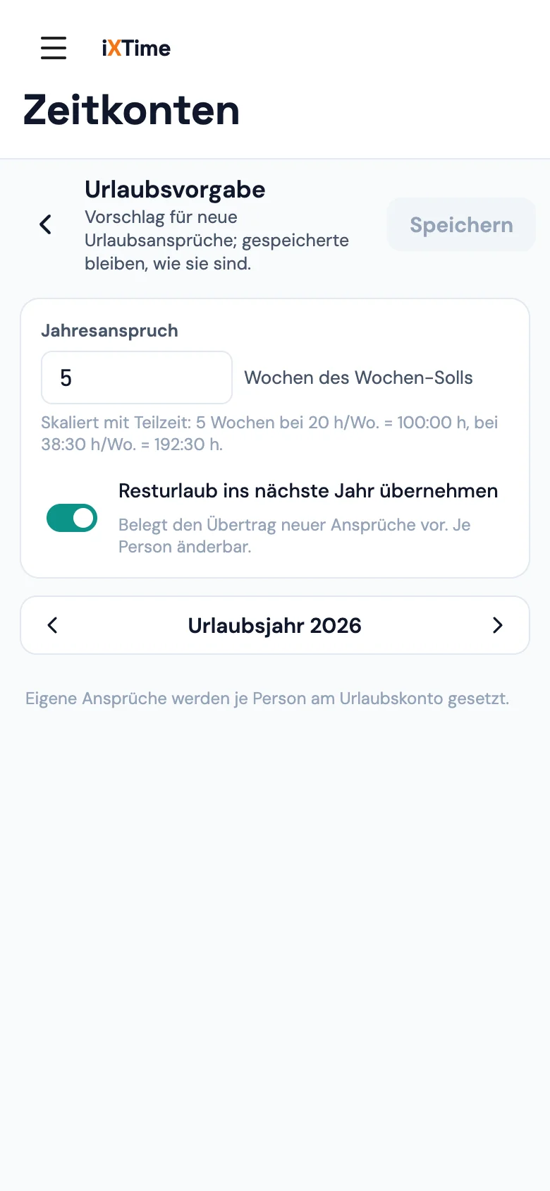Urlaubsvorgabe: Jahresanspruch 5 Wochen des Wochen-Solls, Übertrag eingeschaltet, daneben die Karte mit den Mitgliedern je Gruppe (Mobil)