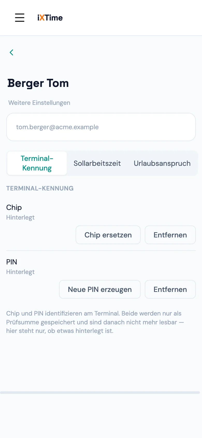 Personendetails eines Mitglieds, Reiter Terminal-Kennung: Chip nicht hinterlegt, PIN hinterlegt (Mobil)
