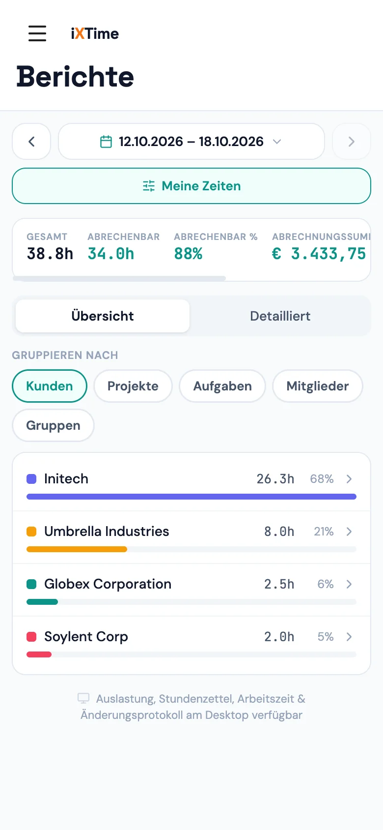 Auswertungen-Übersicht mit Abrechnungssumme und Betrags-Spalte (Mobil)