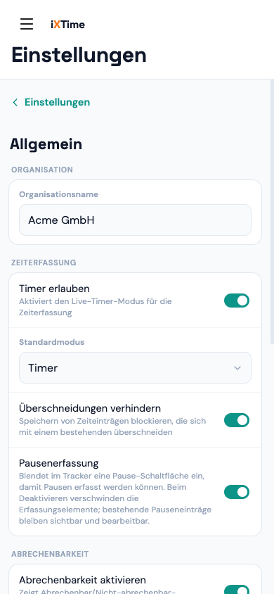 Allgemeine Workspace-Einstellungen (Mobil)