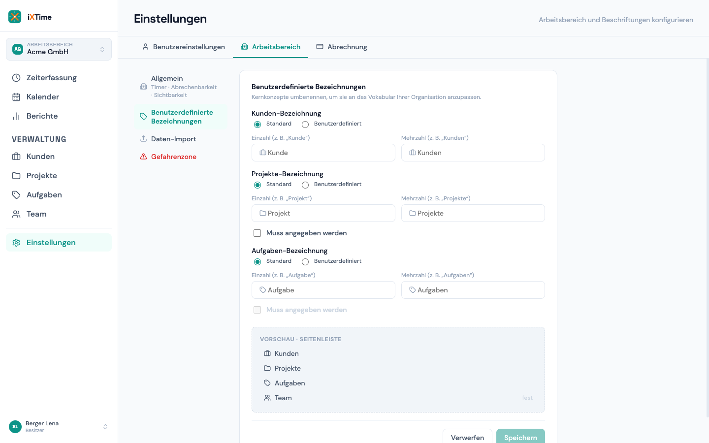 Eigene Bezeichnungen mit Live-Vorschau
