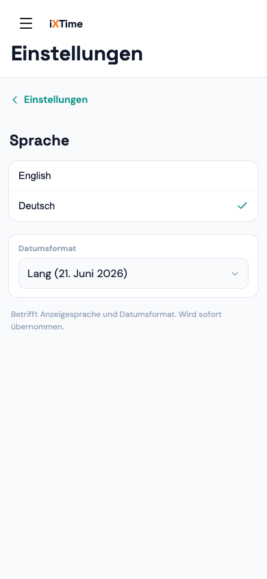 Persönliche Einstellungen mit Profil, Sprache und Datumsformat (Mobil)