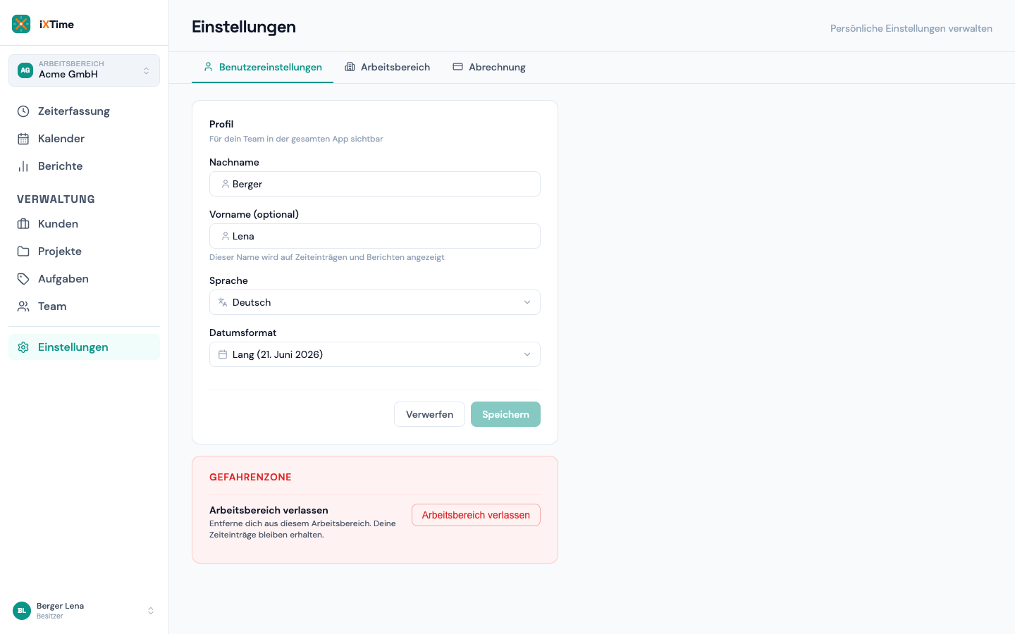 Persönliche Einstellungen mit Profil, Sprache und Datumsformat