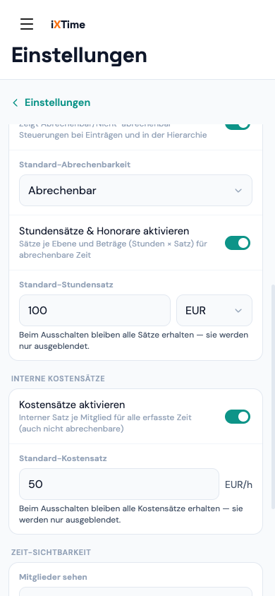 Workspace-Einstellungen mit „Stundensätze & Honorare aktivieren“, Standard-Stundensatz und Währung (Mobil)