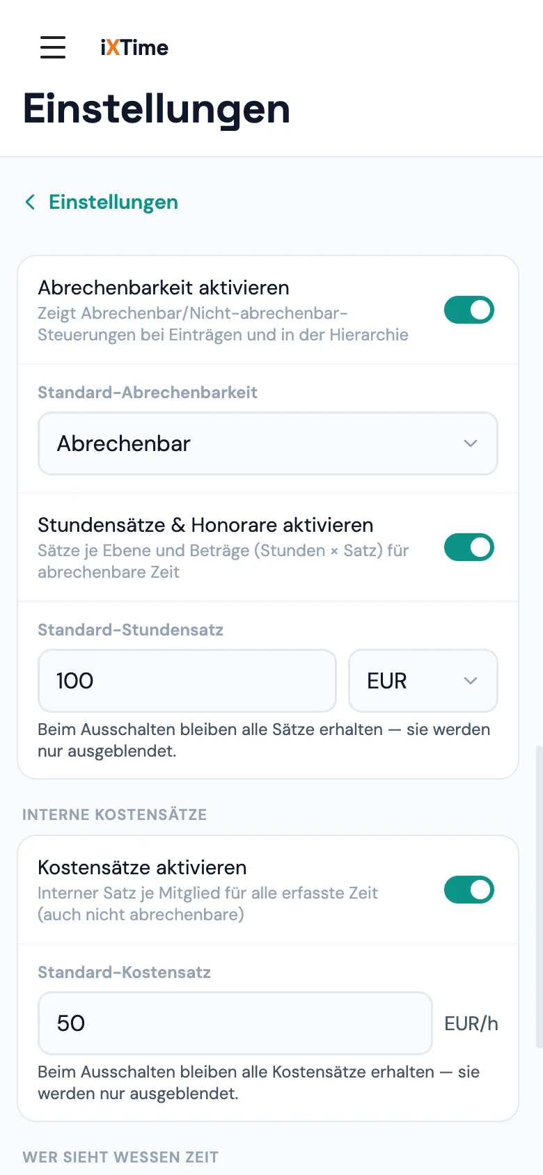 Workspace-Einstellungen mit der Gruppe „Interne Kostensätze“ (Mobil)