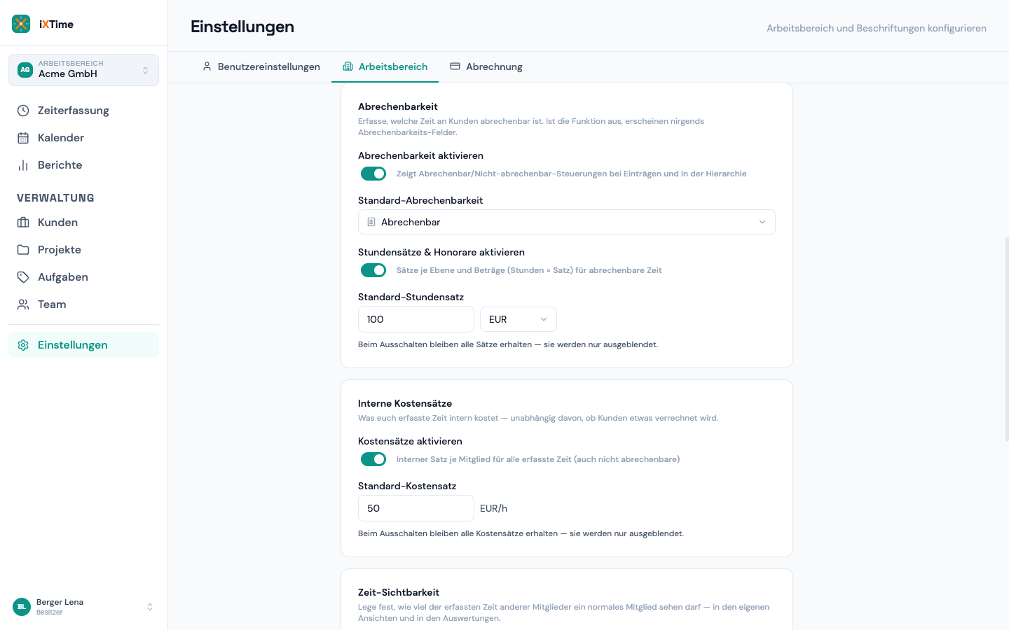 Workspace-Einstellungen mit „Stundensätze & Honorare aktivieren“, Standard-Stundensatz und Währung