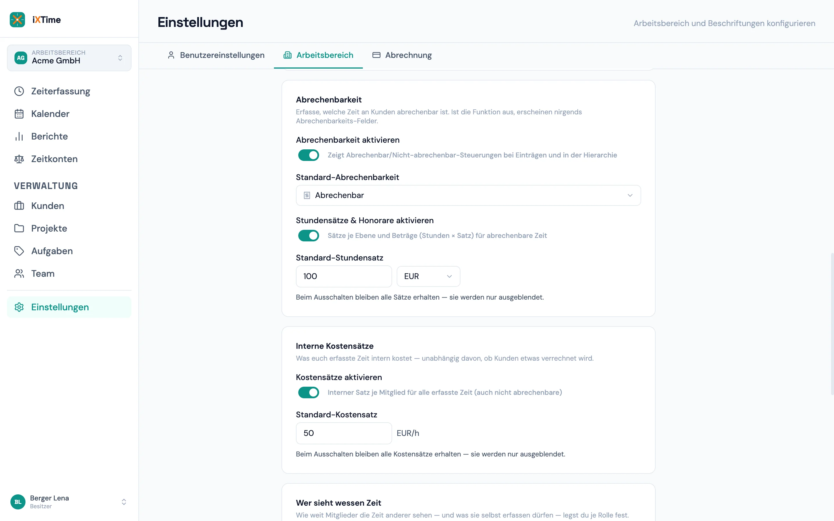 Workspace-Einstellungen mit der Gruppe „Interne Kostensätze“