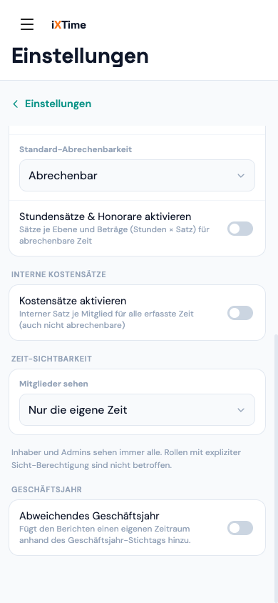 Sichtbarkeit der Mitglieder-Zeiten: Eigene, Team, Alle (Mobil)