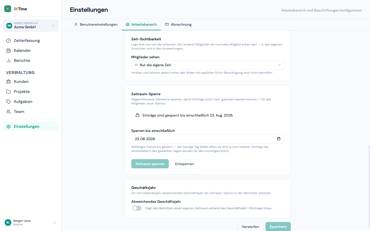 Sichtbarkeit der Mitglieder-Zeiten: Eigene, Team, Alle
