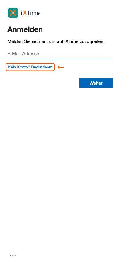 Anmeldeseite mit hervorgehobenem Link „Kein Konto? Registrieren“ (Mobil)