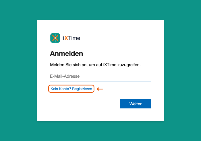 Anmeldeseite mit hervorgehobenem Link „Kein Konto? Registrieren“