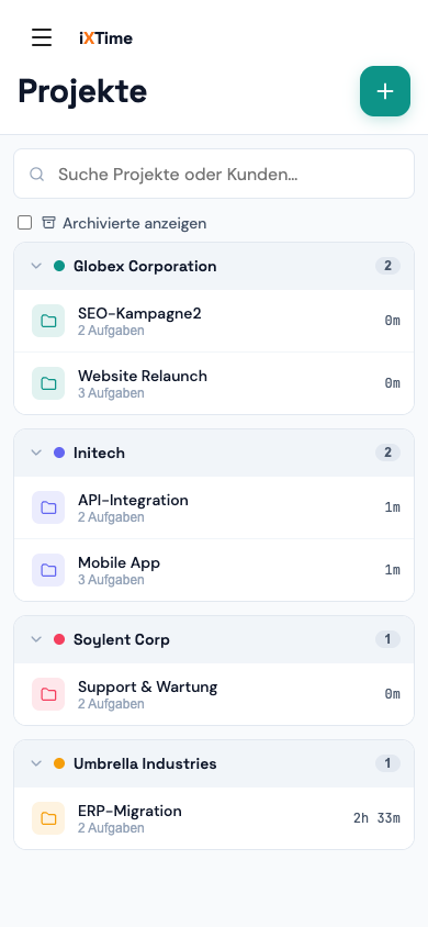 Projekte-Seite nach Kunde gruppiert (Mobil)