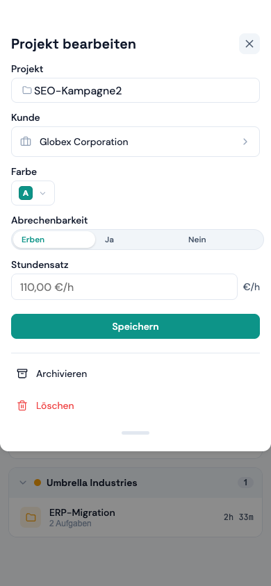 Bearbeiten-Dialog mit Stundensatz-Feld und geerbtem Satz als Platzhalter (Mobil)