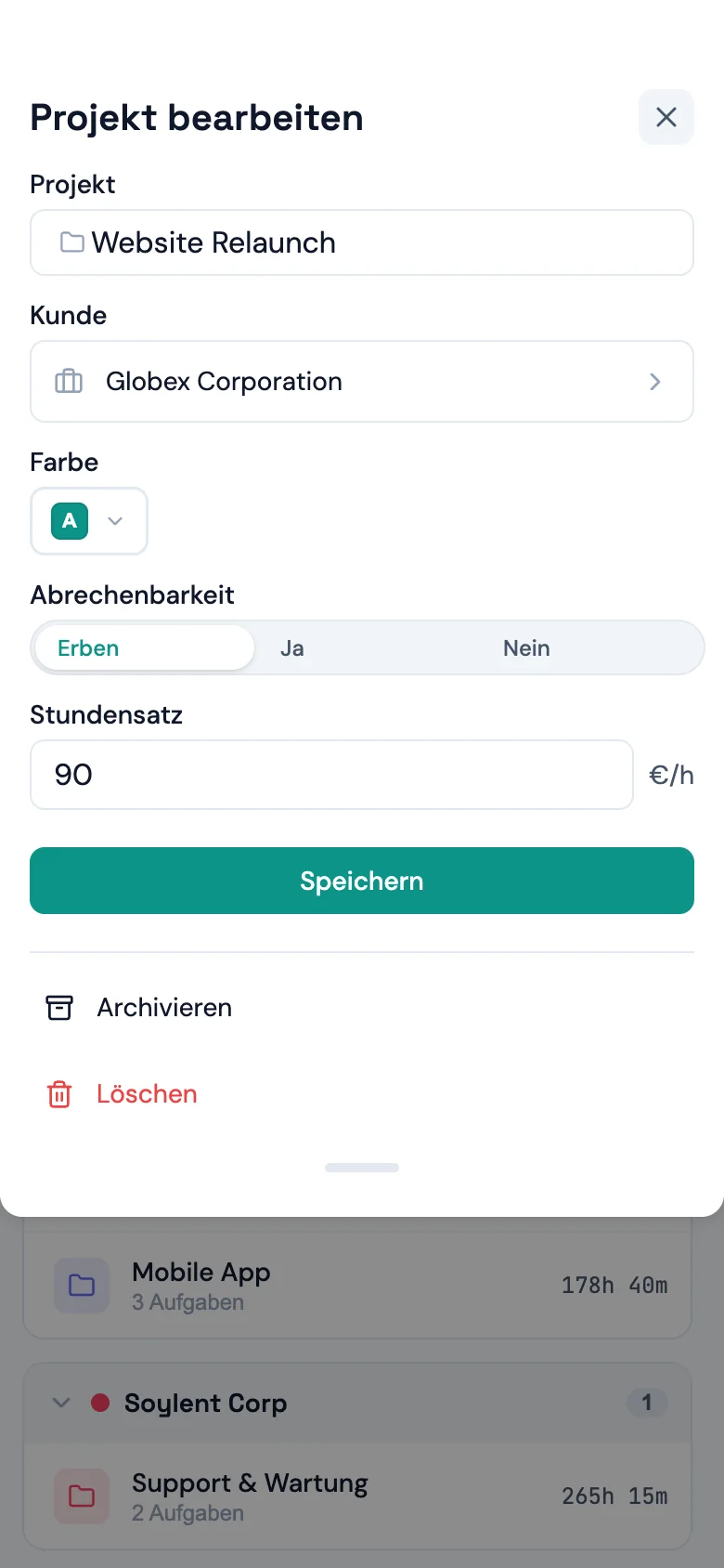 Bearbeiten-Dialog mit Stundensatz-Feld und geerbtem Satz als Platzhalter (Mobil)