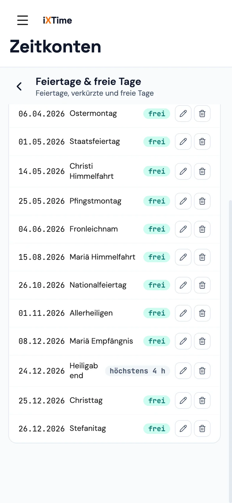 Feiertage & freie Tage 2026: Liste der österreichischen Feiertage und der 24. Dezember mit „höchstens 4 h“, daneben zwölf Monatskalender (Mobil)
