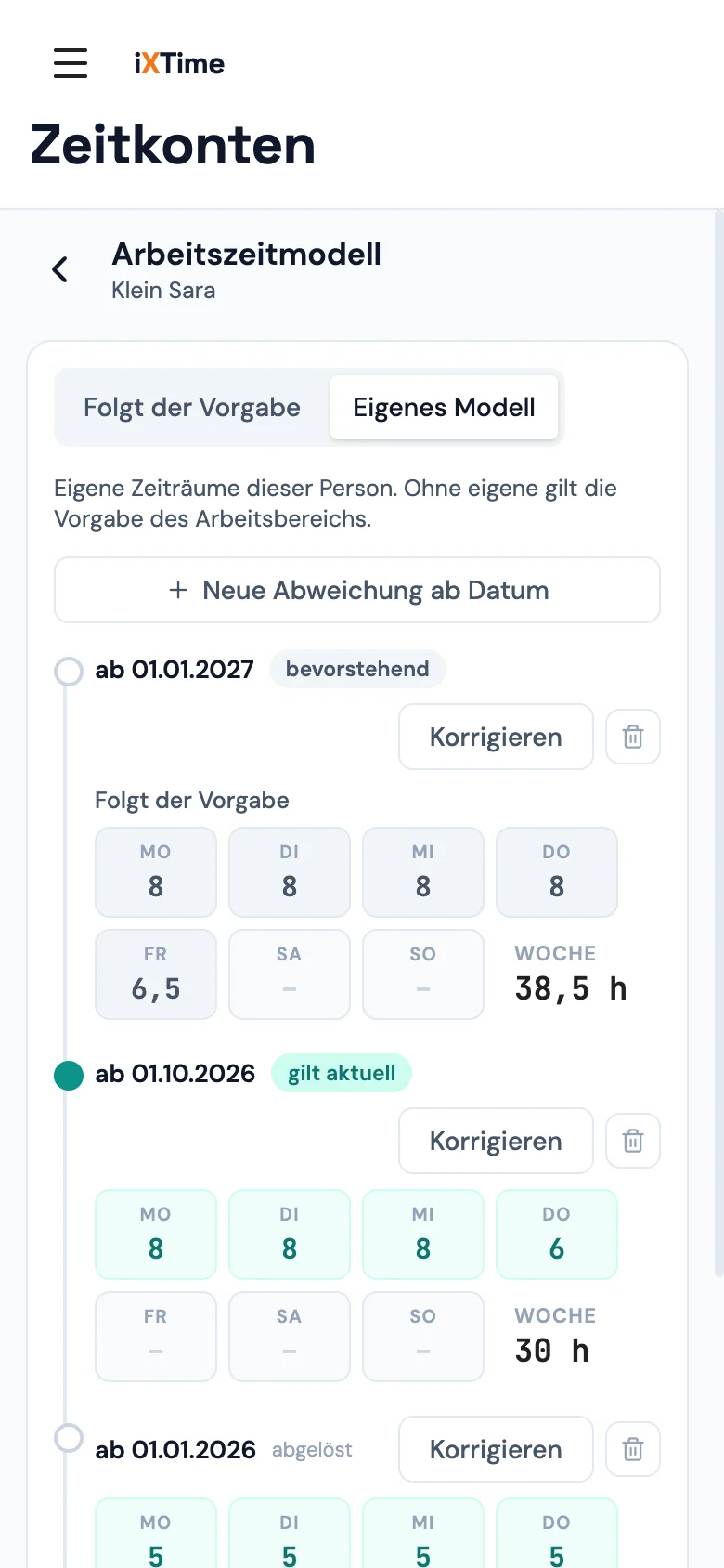 Arbeitszeitmodell eines Mitglieds: Zeitleiste mit 20 h ab 1.1. (abgelöst), 30 h ab 1.10. (gilt aktuell) und „Folgt der Vorgabe“ ab 1.1.2027 (bevorstehend) (Mobil)