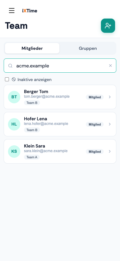 Team-Seite mit Mitgliederliste, Rollen und Gruppen (Mobil)