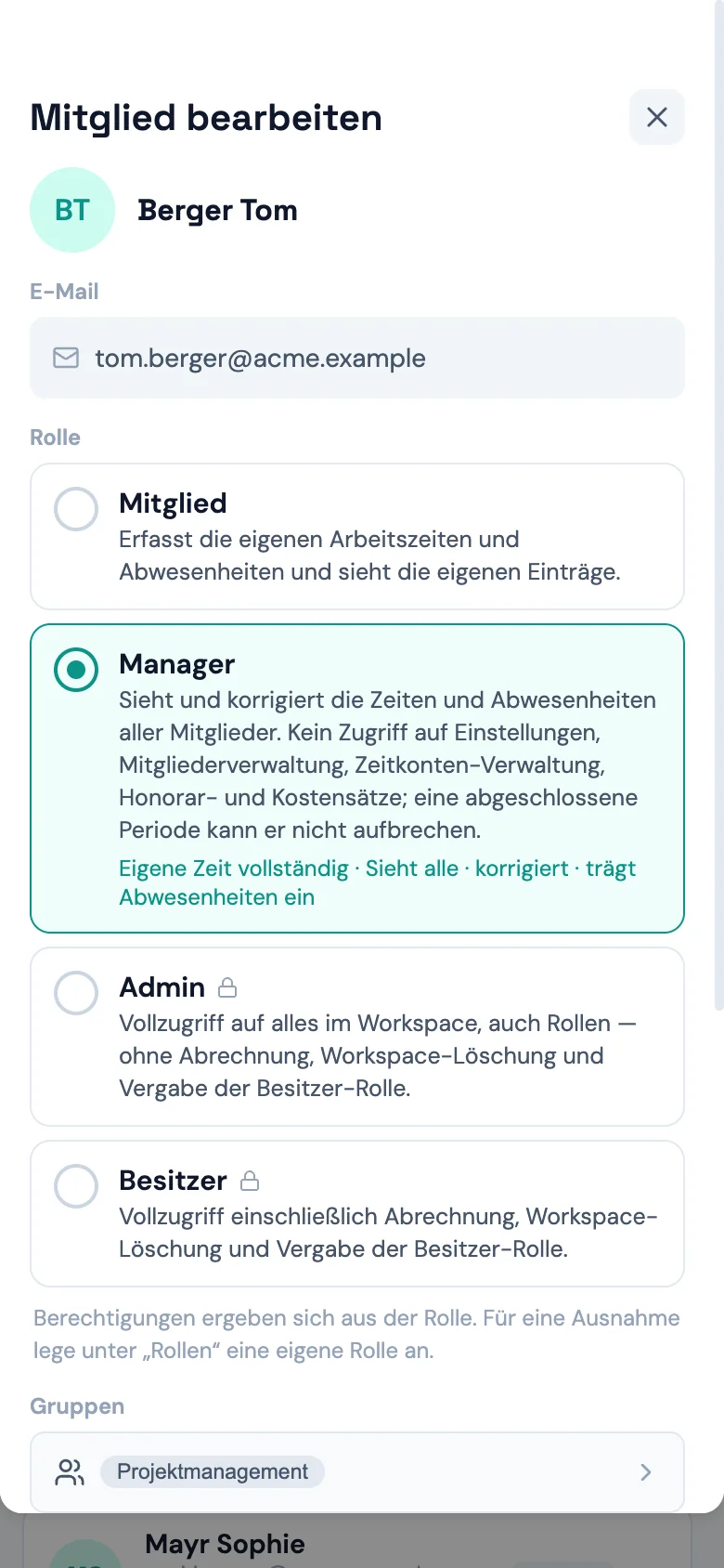 Team-Seite mit der Kostensatz-Spalte (Mobil)