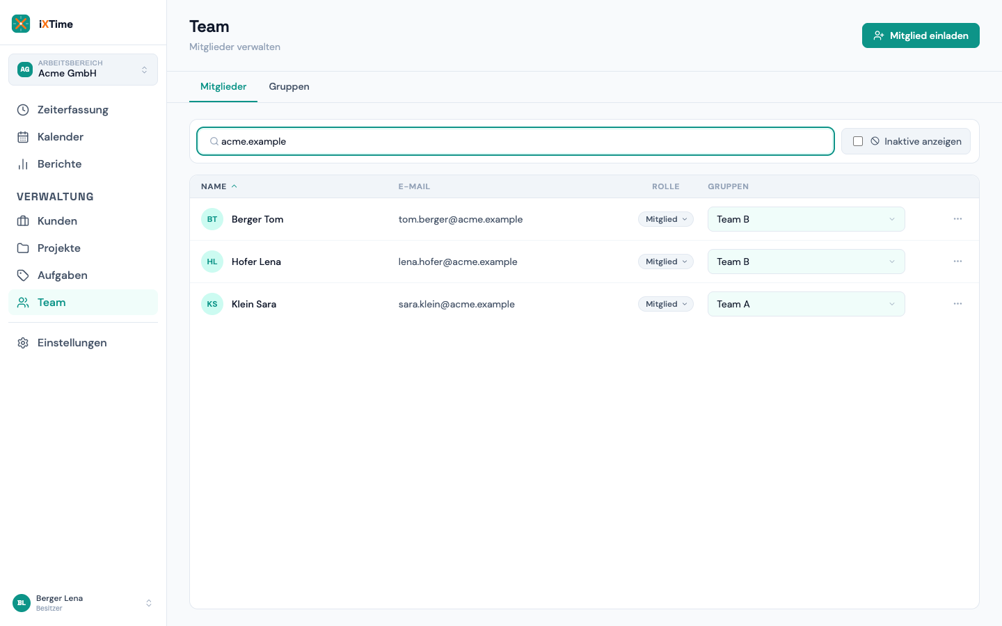 Team-Seite mit Mitgliederliste, Rollen und Gruppen