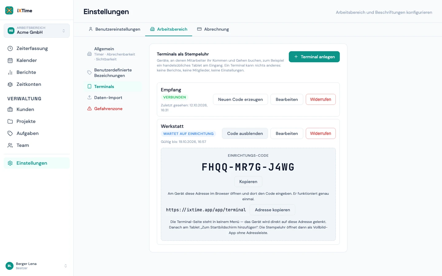Dialog mit dem zwölfstelligen Einrichtungs-Code eines neuen Terminals und seinem Ablaufdatum