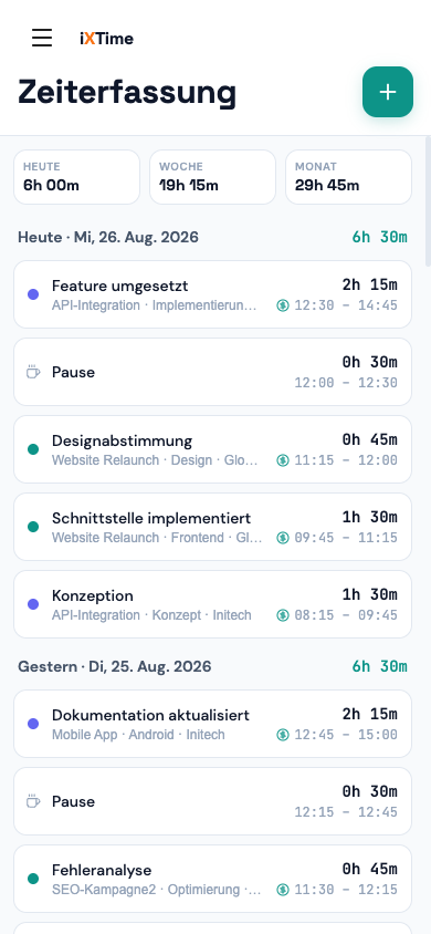 Time Tracker mit Timer-Leiste und Einträgeliste (Mobil)