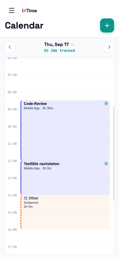 Calendar with absences: full-day vacation days as dashed bands and an hourly absence as a block inside the day (Mobile)