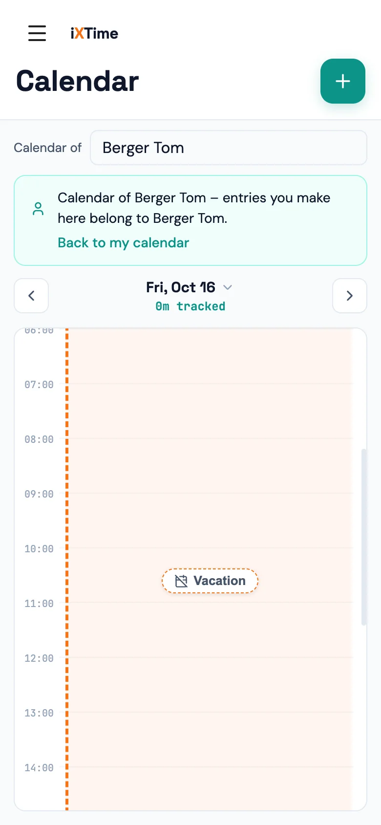 Calendar with absences: full-day vacation days as dashed bands and an hourly absence as a block inside the day (Mobile)