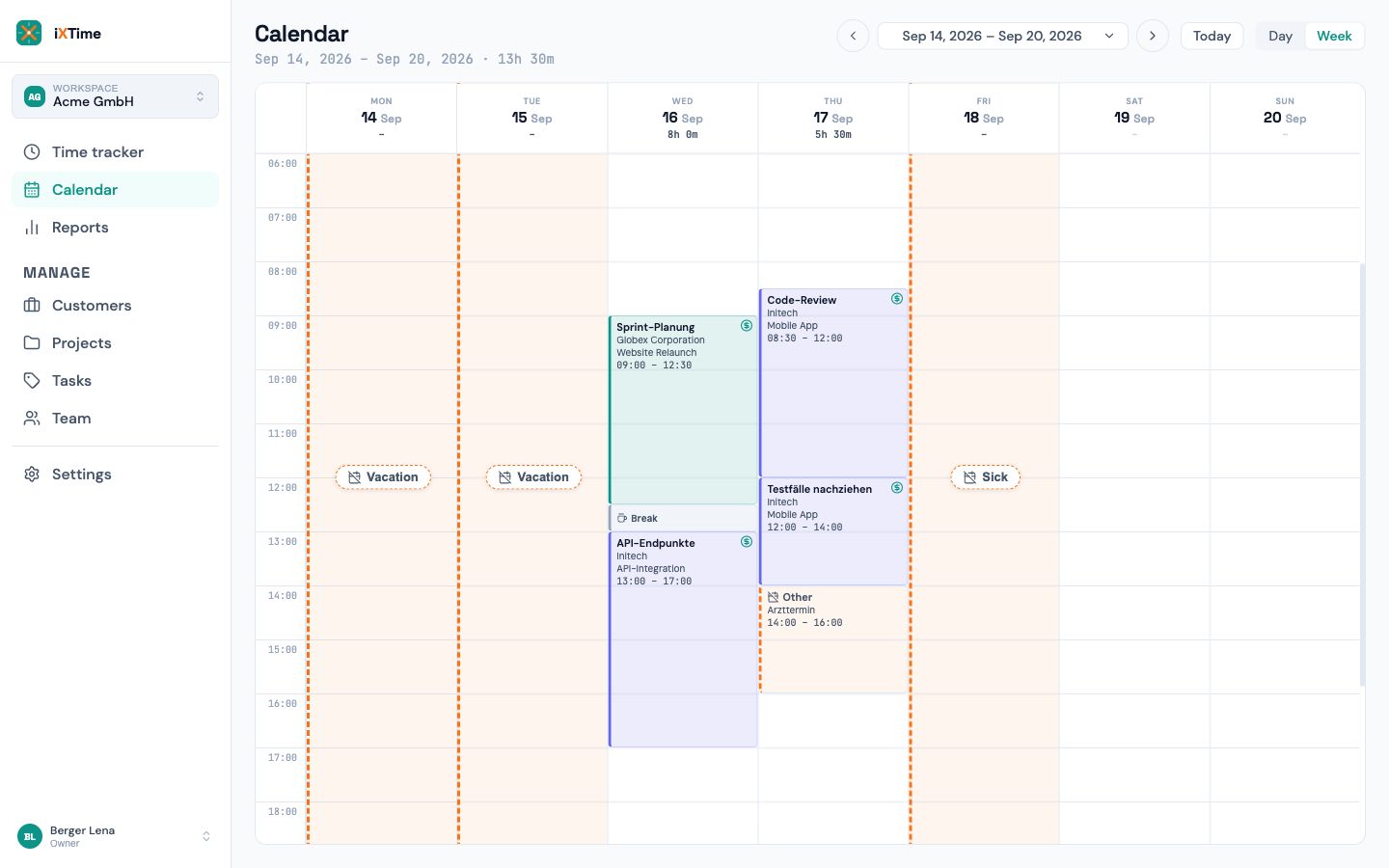 Calendar with absences: full-day vacation days as dashed bands and an hourly absence as a block inside the day