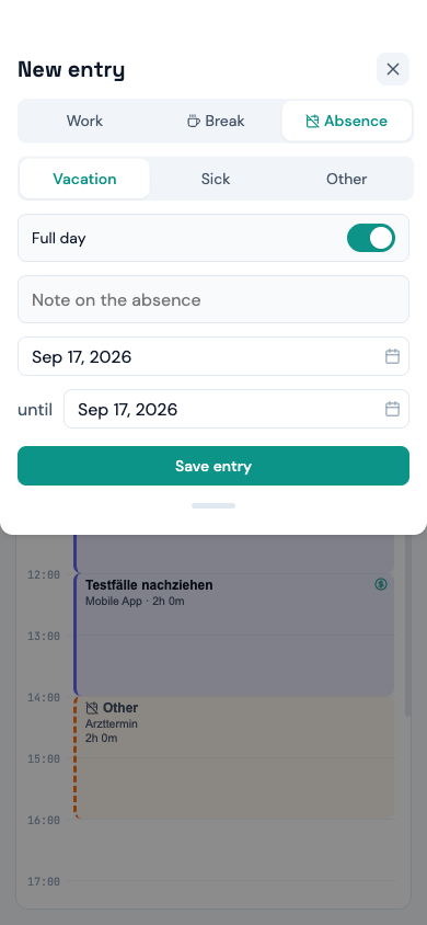 Entry form switched to “Absence”, with the reason picker and the choice between a full day and hours (Mobile)
