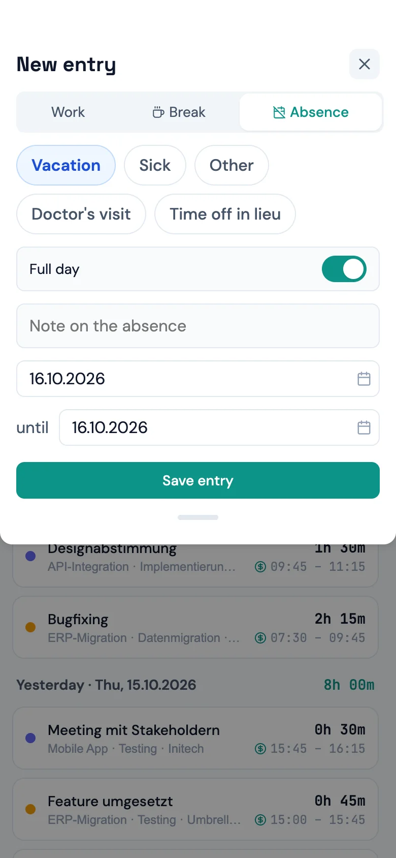 Entry form switched to “Absence”, with the reason picker and the choice between a full day and hours (Mobile)