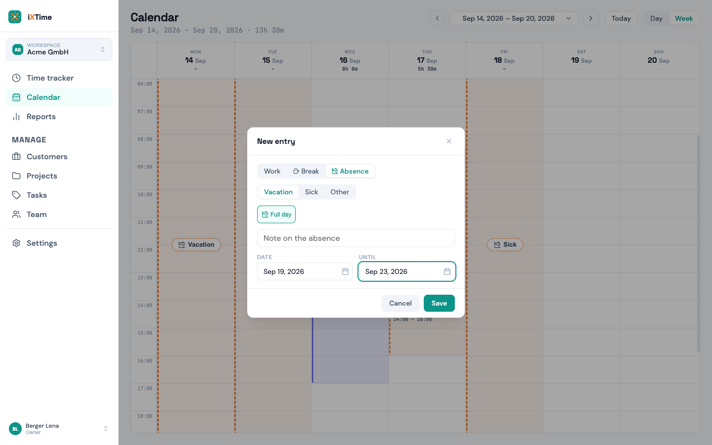 Entry form switched to “Absence”, with the reason picker and the choice between a full day and hours