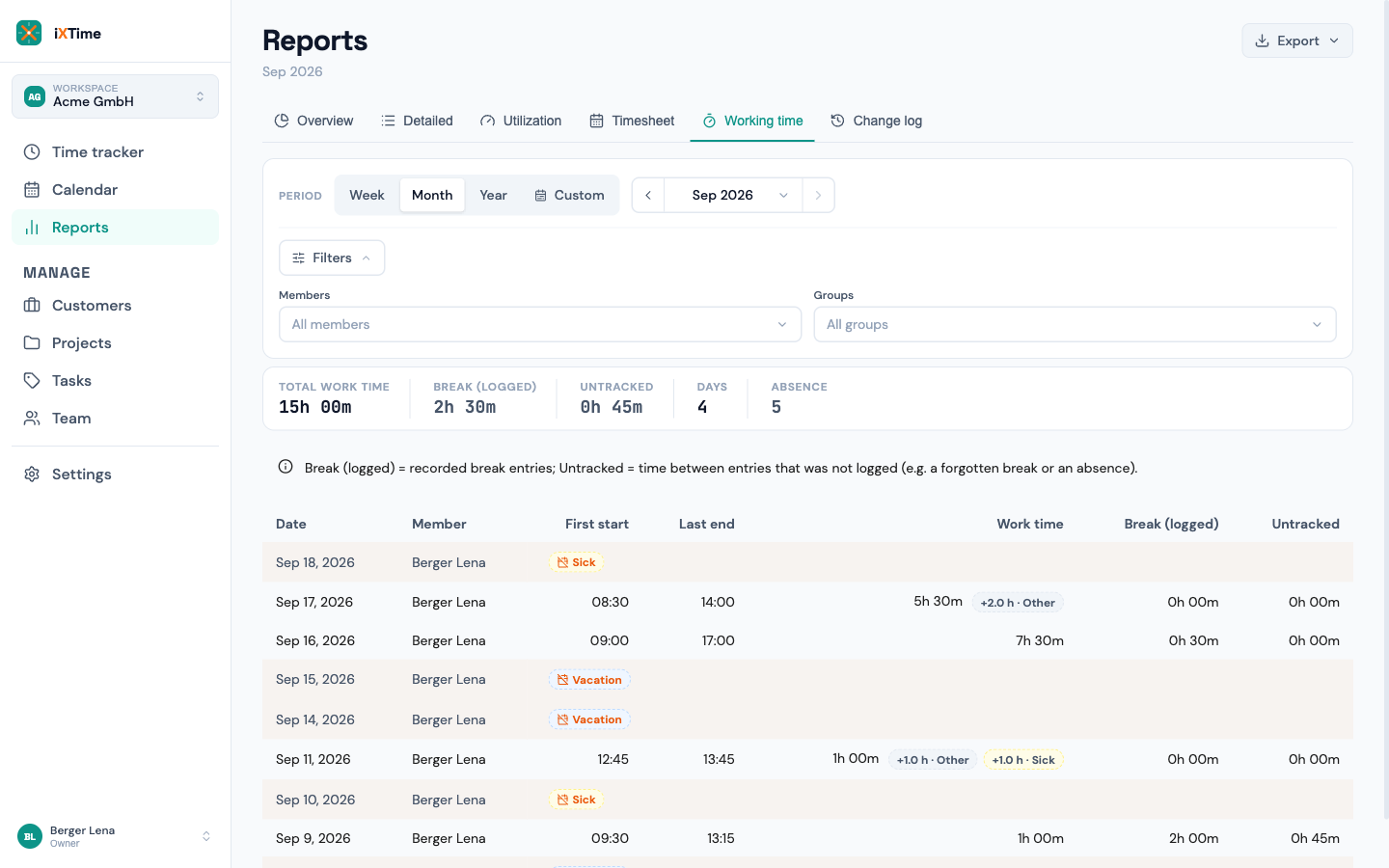 Working-time report with a day labelled “Vacation” next to regular working days