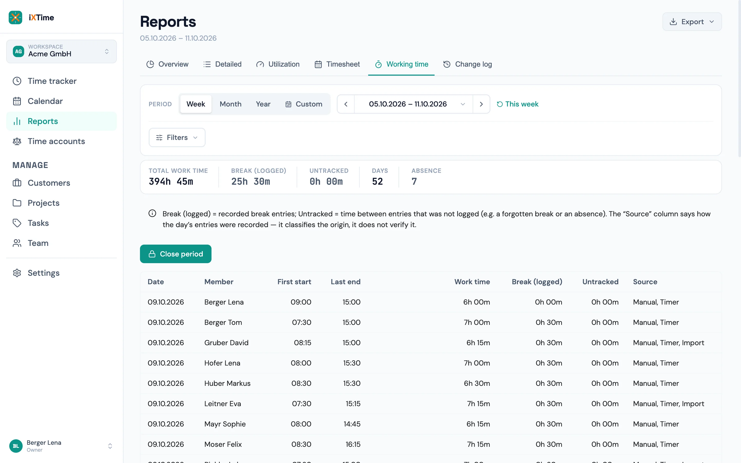 Working-time report with a day labelled “Vacation” next to regular working days