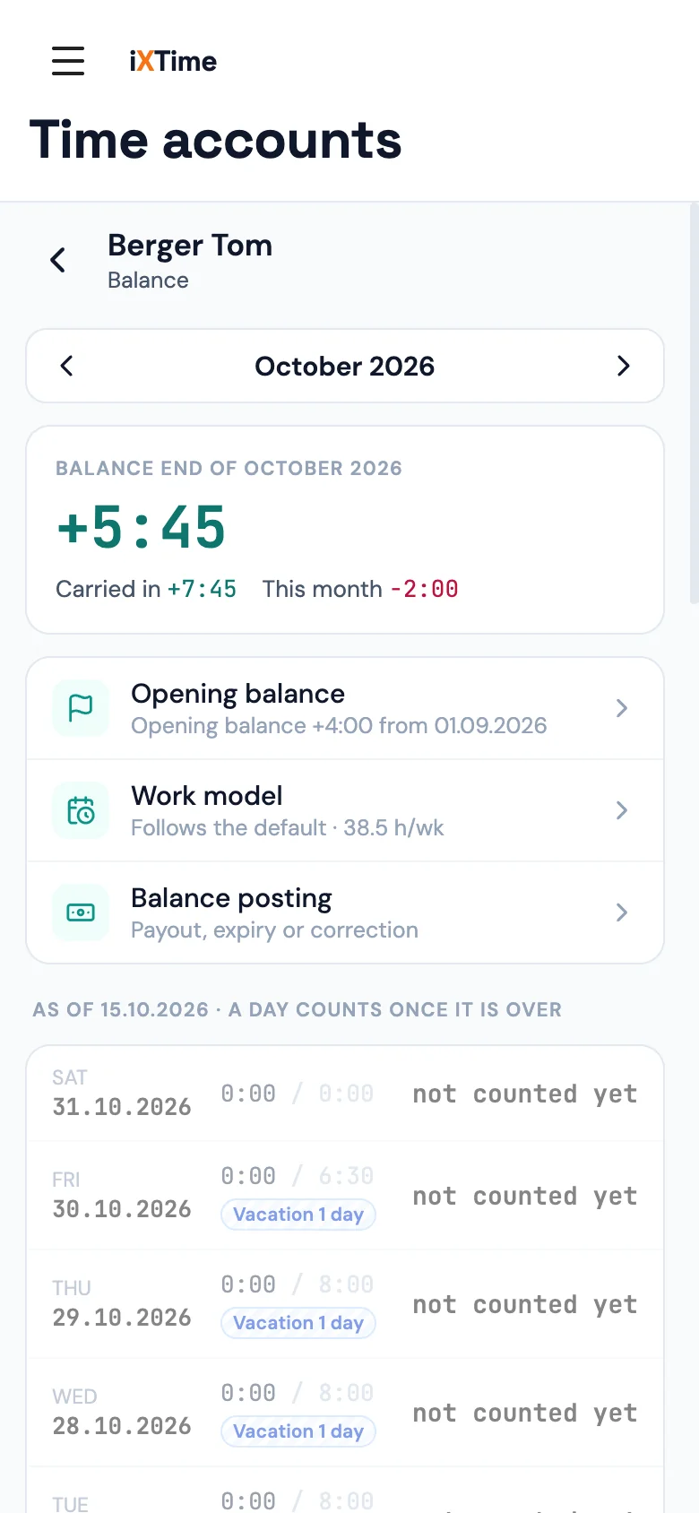 A member’s balance in calendar view: carried in + this month = balance, worked and owed per day, plus a doctor’s visit (Mobile)