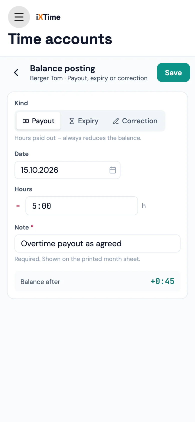 Dialog “Balance posting”: kind payout, hours, date, note and “Balance after” (Mobile)